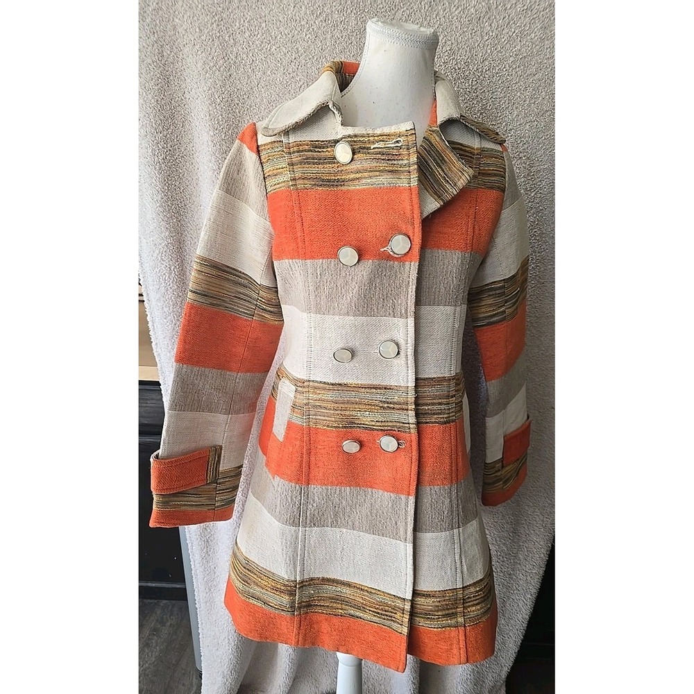 Neslay Paris Women's M Long Blazer Jacket‎ Striped Orange Brown Cream Button-Up